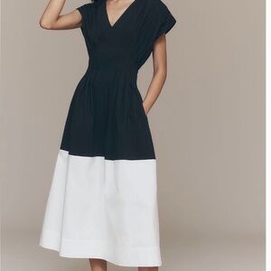 Two-Tone Black & White V-Neck Midi Dress
